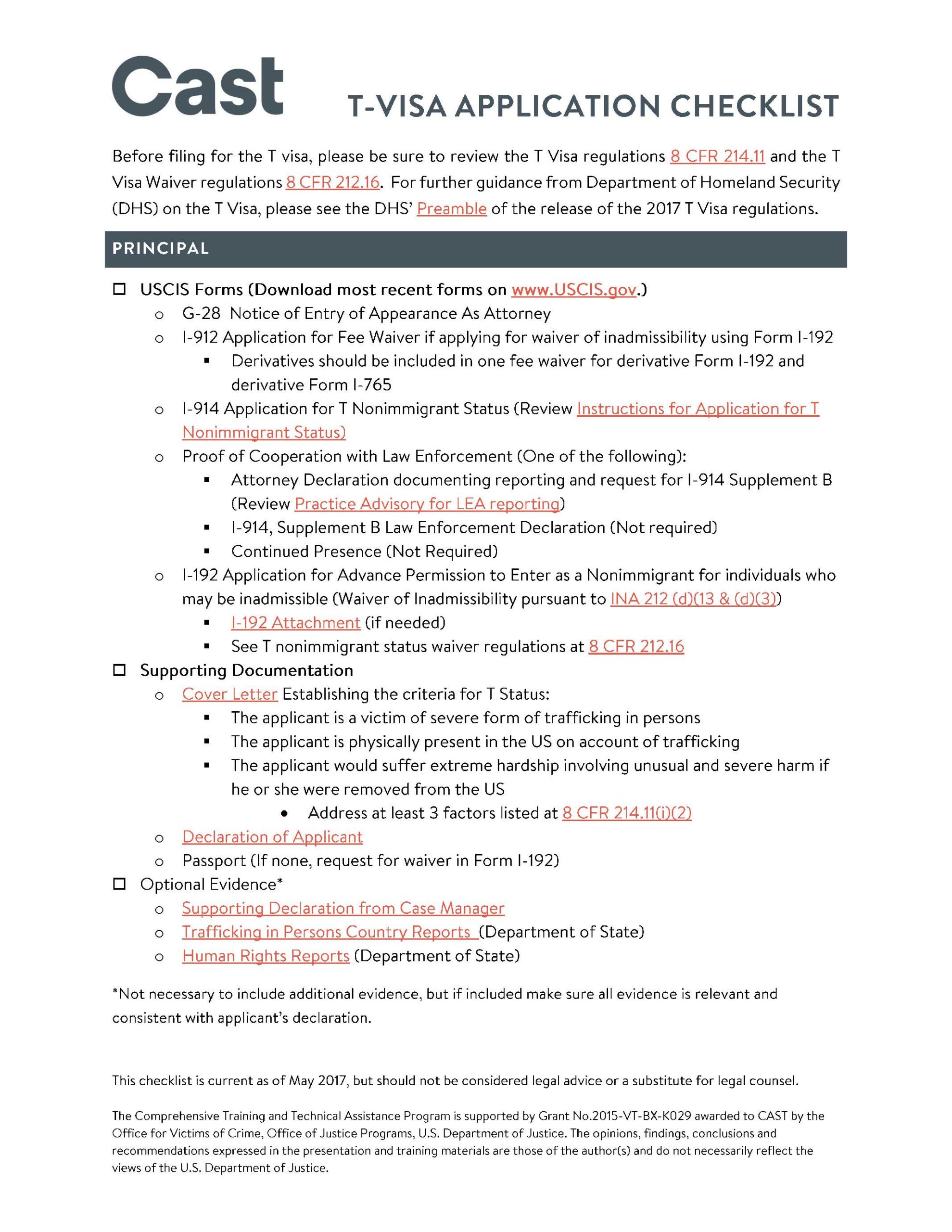 CAST T Visa Application Checklist May 2017 Freedom Network USA