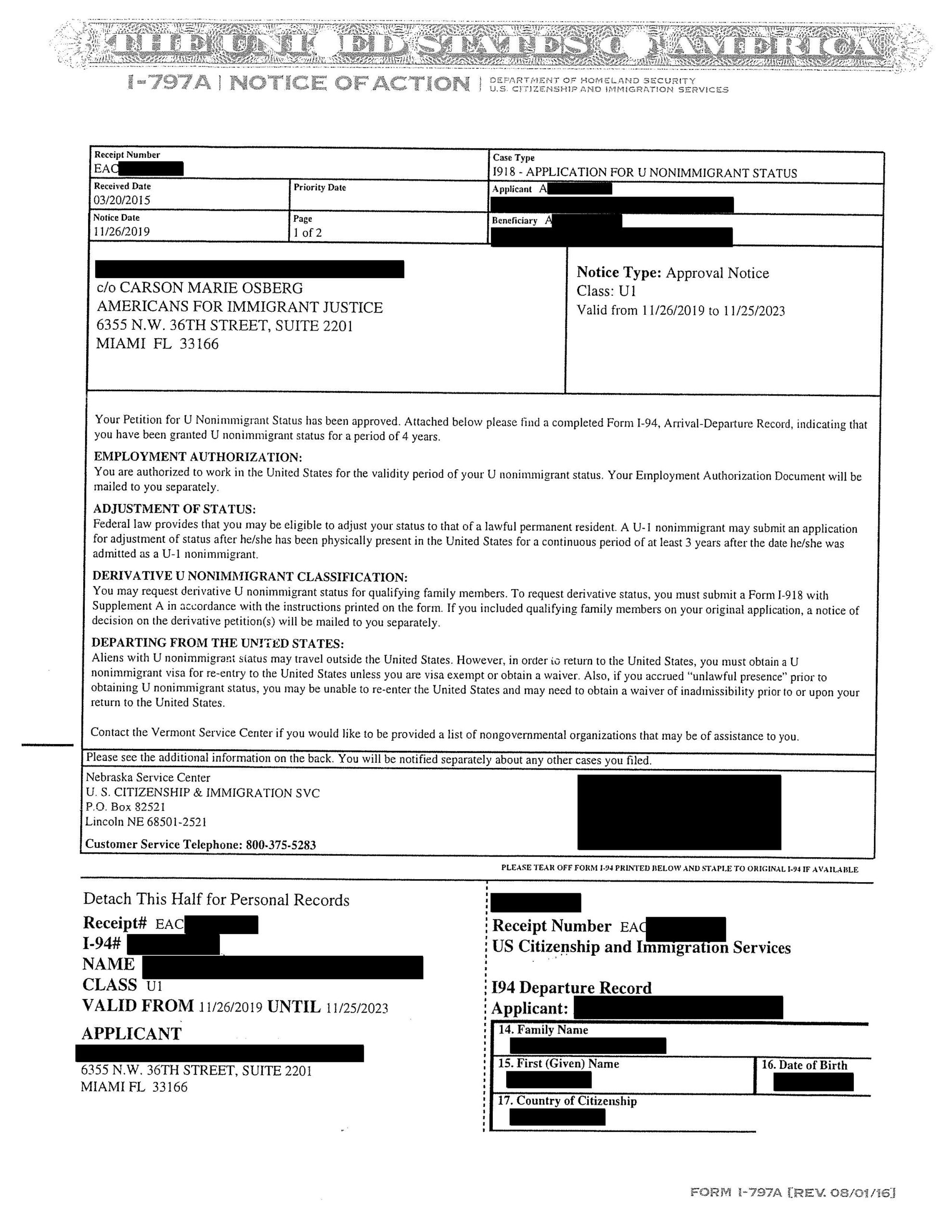 USCIS U Visa Approval Notice For Foreign National Survivors Freedom Network USA
